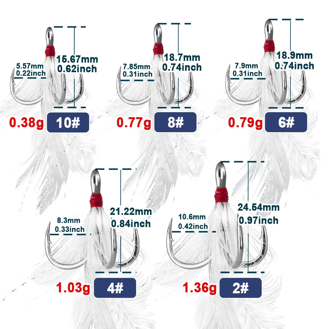 9KM Feathered Treble Hooks Fishing 15-60pcs