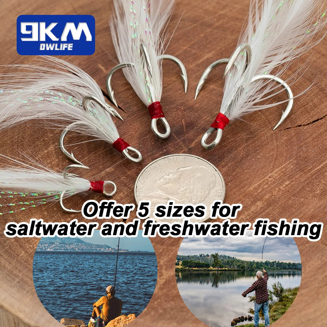 9KM Feathered Treble Hooks Fishing 15-60pcs
