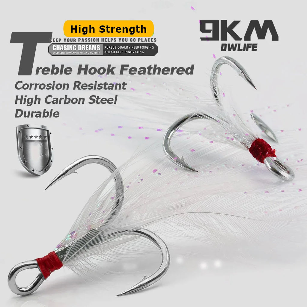 9KM Feathered Treble Hooks Fishing 15-60pcs