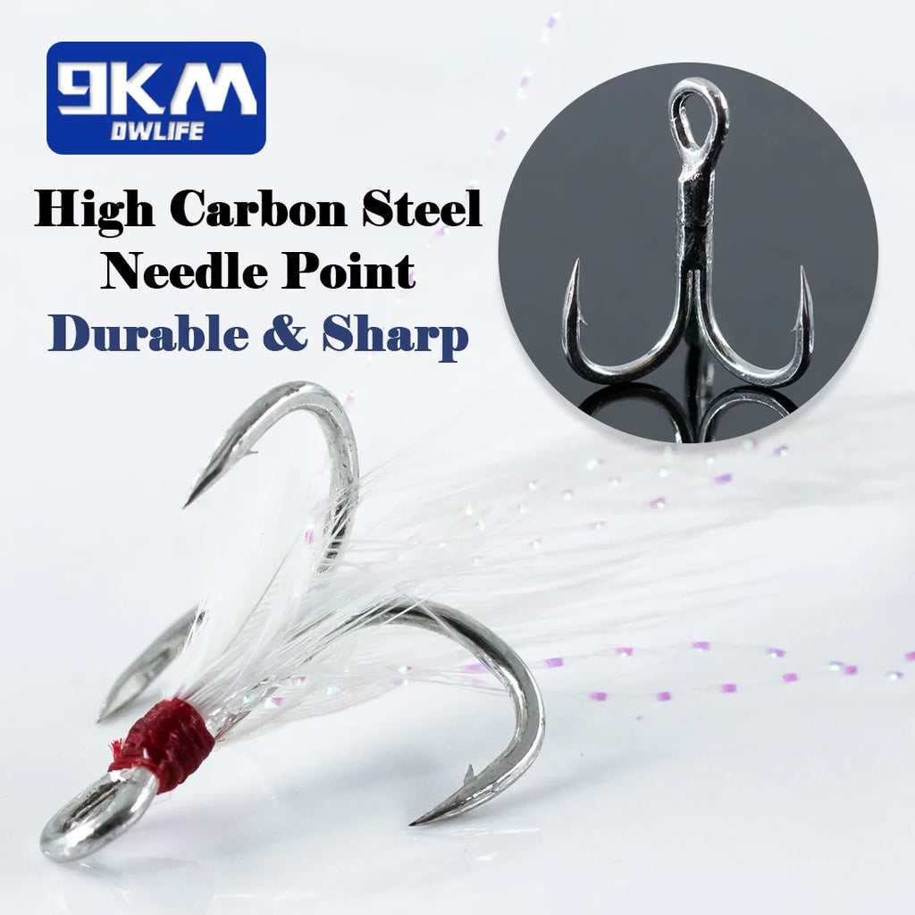 9KM Feathered Treble Hooks Fishing 15-60pcs